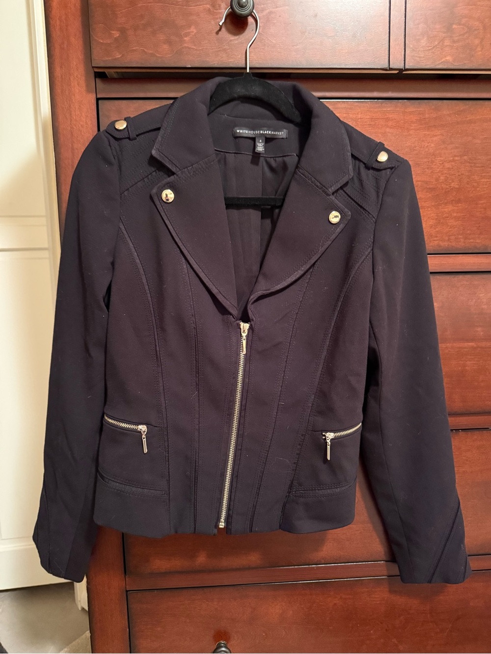 White House Black Market Navy Zip-Front Moto Blazer